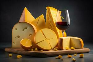 ai generado queso recopilación, pedazo de queso y vaso de rojo vino en negro antecedentes. generativo ai foto