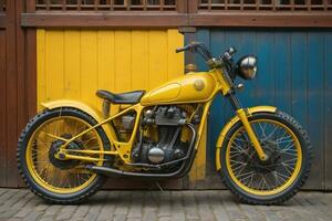 AI generated Vintage yellow motorcycle parked in front of a yellow garage door. generative ai photo