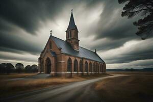 AI generated Church in the middle of a rural road with dramatic sky and clouds. ai generated photo