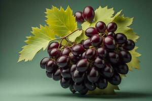 ai generado manojo de uvas con hojas en un verde fondo, estudio disparo. ai generado foto