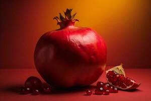 AI generated Pomegranate fruit on a red background with copy space. ai generated photo