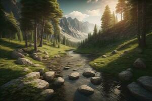 AI generated Beautiful fantasy landscape with a river in the mountains. ai generative photo