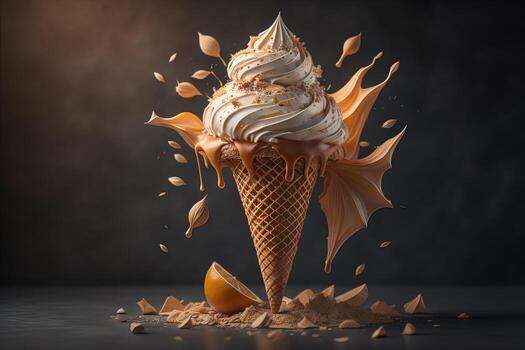 AI generated Ice cream in waffle cone on blue background, top view, flat lay. ai generative photo