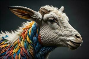 AI generated Portrait of a white goat with colorful hair on a black background. ai generated photo