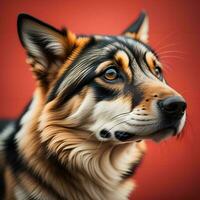 ai generado retrato de un hermosa perro raza alemán pastor en un rojo antecedentes. generativo ai foto