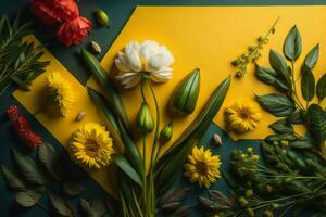 AI generated Flowers composition on yellow and green background. Flat lay, top view. generative ai photo