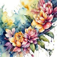 AI generated Beautiful vector card with watercolor flowers. Hand drawn illustration. generative ai photo