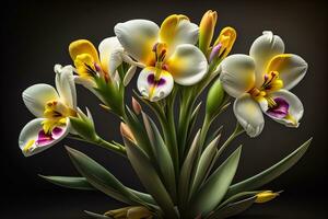 ai generado ramo de flores de blanco lirios en un sólido color antecedentes. ai generativo foto