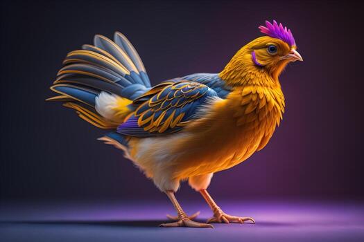 AI generated Colorful hen isolated on a purple background. generative ai photo