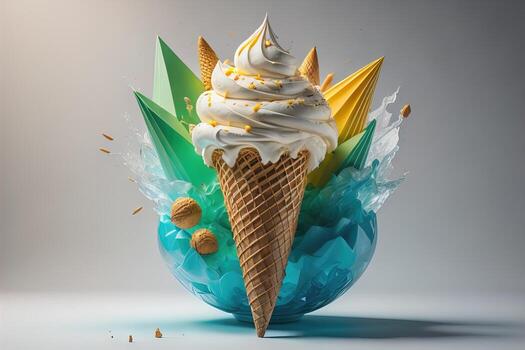 AI generated Ice cream in waffle cone on blue background, top view, flat lay. ai generative photo