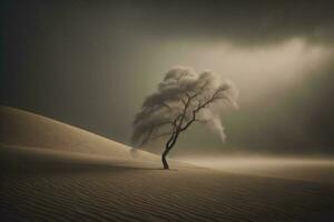 AI generated Lonely tree in the sand dunes of the desert. generative ai photo