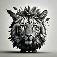 AI generated Illustration of a tiger with a wreath on his head. generative ai photo