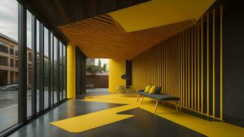 AI generated Interior of modern office with yellow and black walls, concrete floor, yellow armchair and wooden ceiling. generative ai photo