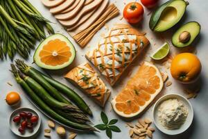 AI generated Tray with different delicious appetizers on light background, top view. ai generated photo