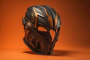 AI generated Cyborg helmet isolated on orange background. generative ai photo