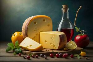 AI generated Cheese collection, various types of cheese with herbs and spices on wooden background. generative ai photo