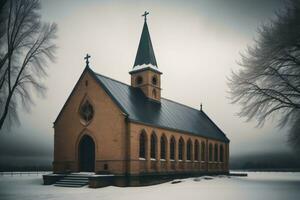 AI generated Beautiful old church in the foggy winter morning. Vintage style. generative ai photo