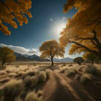 AI generated autumn landscape with golden trees in the desert. generative ai photo