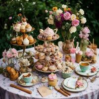 AI generated Cupcakes and macaroons on the table in the garden. generative ai photo