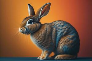 AI generated a cute brown rabbit sitting on orange background. generative ai photo