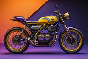 AI generated Classic custom motorcycle on purple and orange background. generative ai photo