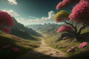 AI generated Beautiful landscape with a path in the mountains. Digital painting. generative ai photo