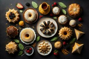 AI generated Top view of delicious cakes with berries and cup of tea on black background. generative ai photo