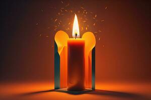AI generated Burning aroma candle on wooden table against solid color background, copyspace. ai generative photo