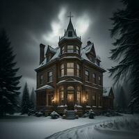 AI generated Winter landscape with a wooden house in the forest. generative ai photo
