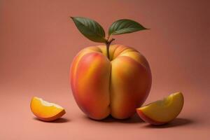 AI generated Peach fruit with leaf on pink background. ai generated photo