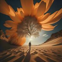 ai generado hombre en pie en el Desierto con grande girasol. generativo ai foto