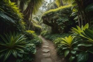 AI generated Pathway in the tropical garden with plants and trees. Nature background. generative ai photo