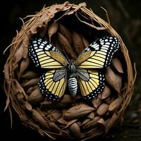 AI generated Beautiful butterfly in a nest made of coconut shell on dark background. generative ai photo