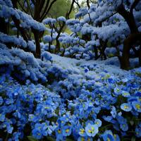 AI generated Beautiful spring landscape with blue flowers and snow in the park. generative ai photo