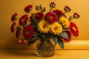 AI generated Bouquet of gerbera flowers in vase on yellow background. generative ai photo