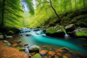 AI generated Stream in the green forest. Beautiful nature scene. Long exposure. ai generated photo