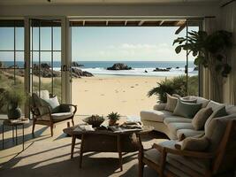 AI generated Modern living room with view on the beach. generative ai photo
