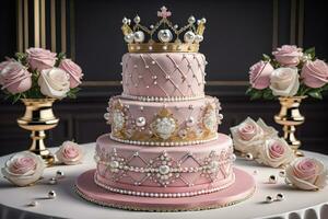 AI generated Wedding cake decorated with pink roses and gold crown on the table. ai generative photo