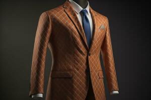 AI generated Stylish suits on mannequins on solid color background, closeup. ai generative photo