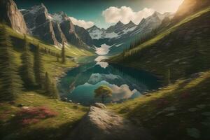 AI generated Beautiful fantasy landscape with a river in the mountains. ai generative photo