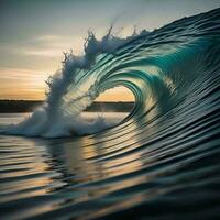 ai generado surf Oceano ola a puesta de sol. hermosa natural antecedentes. largo exposición. generativo ai foto