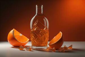 AI generated A bottle of orange brandy and two halves of an orange on a red background. generative ai photo