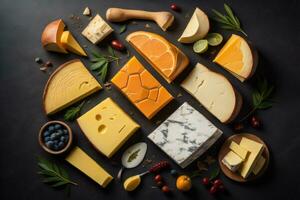 AI generated Various types of cheese on a black background. Top view, flat lay. generative ai photo