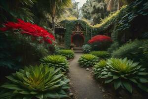 ai generado hermosa ajardinado tropical jardín con verde plantas y rojo flores generativo ai foto