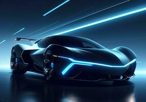 AI generated Futuristic black sports car in neon light. ai generative photo