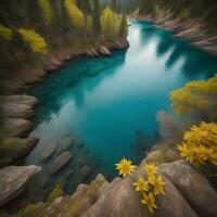 AI generated Blue lake with yellow flowers in the autumn forest. generative ai photo