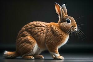 AI generated Cute red rabbit sitting on black background, studio shot, side view. generative ai photo
