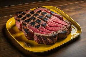 AI generated Sliced roast beef on a yellow plate on a wooden table. generative ai photo