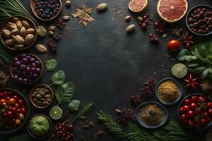 AI generated Spices and herbs on a black background, top view, copy space. generative ai photo