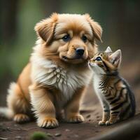 ai generado dorado perdiguero perrito y atigrado gatito juntos en el bosque. generativo ai foto